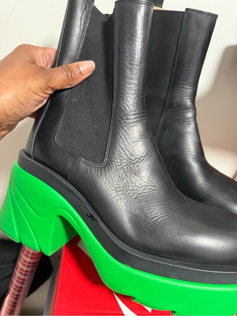 Bottega Veneta Black Leather Chelsea Boots with Neon Green Platform Sole